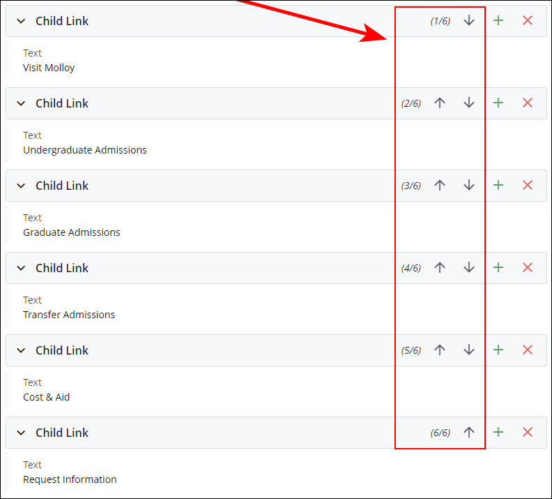 Links to change the ordering of the Child Links