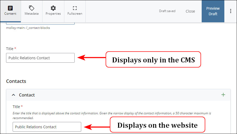 Title fields in the Contacts block