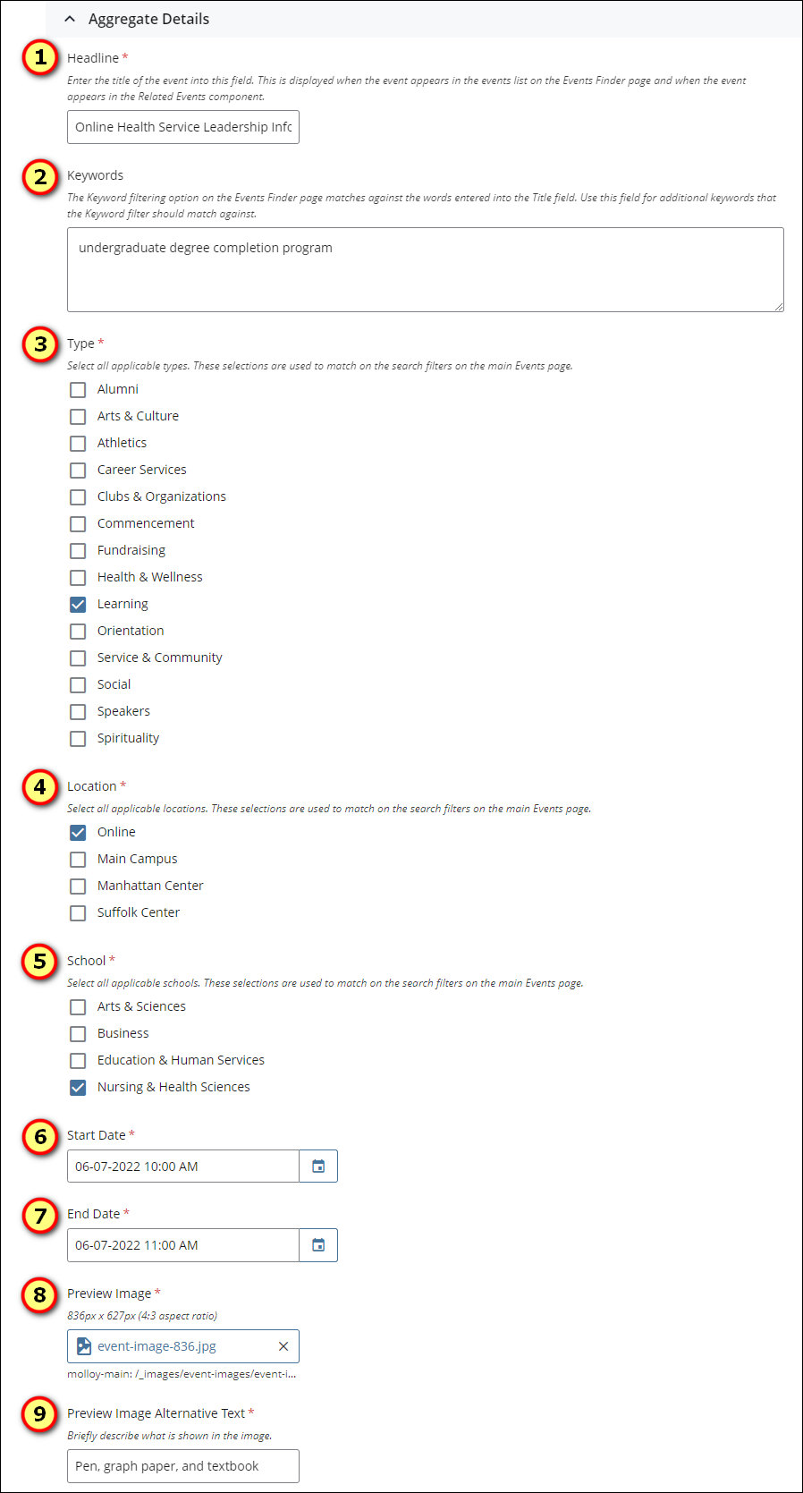 Event Aggregate Details fields