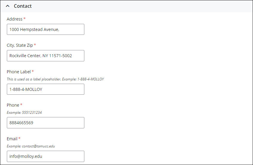 Content entry fields for the Contact section in the footer