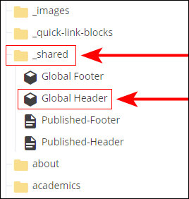 Global Header block in the CMS site tree