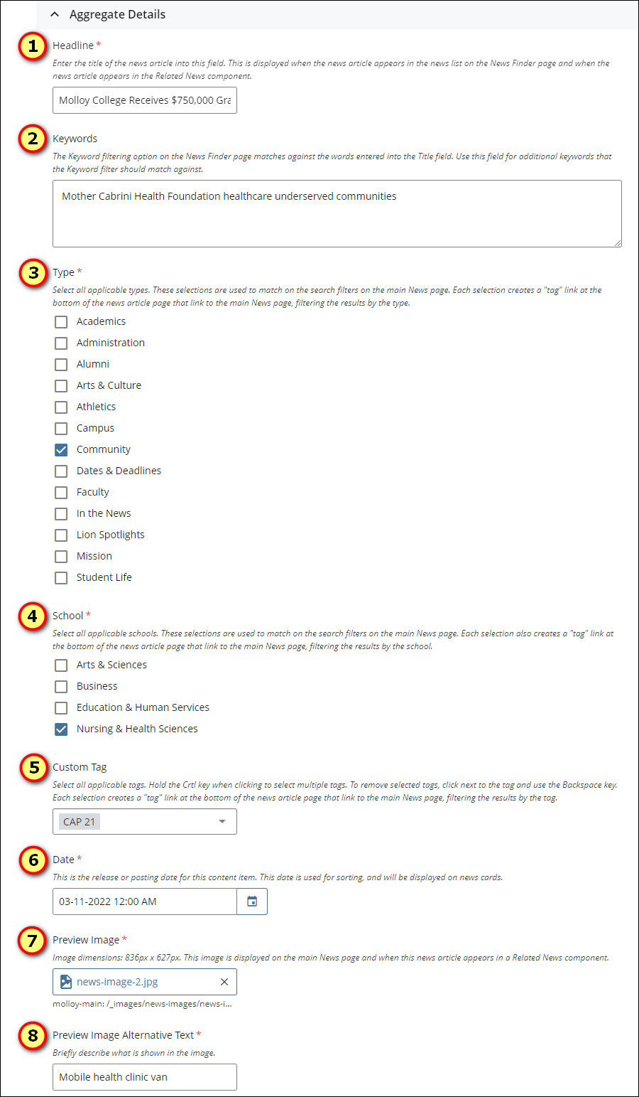 News Aggregate Details fields