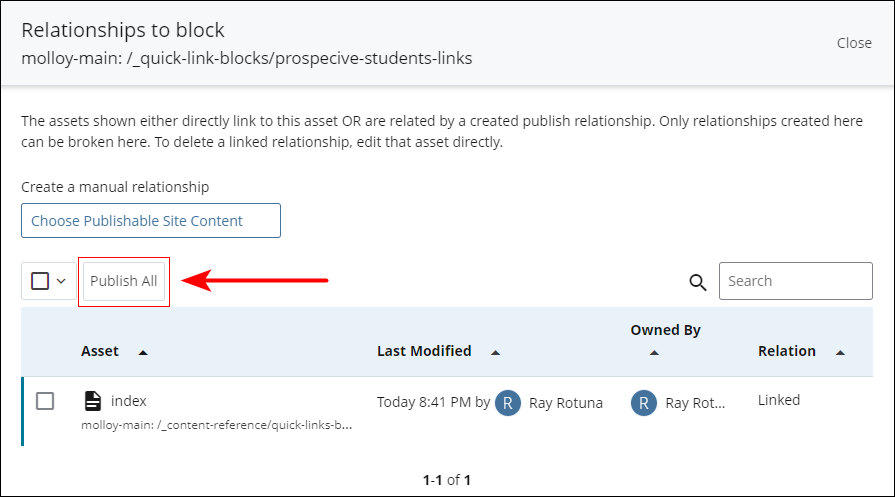 Button to publish all pages using Quick Links block