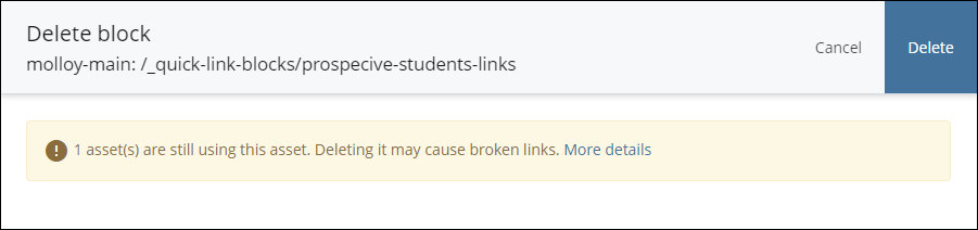 Warning message when deleting Quick Links block