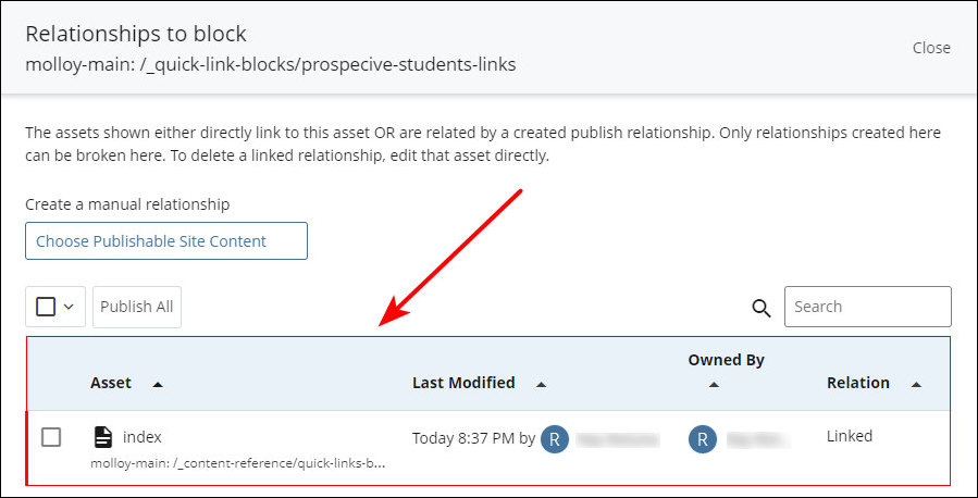 Relationships panel showing Quick Links block usage