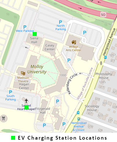 Campus map showing locations of EV charging stations north of Sienna Hall and south of Sacred Heart Chapel