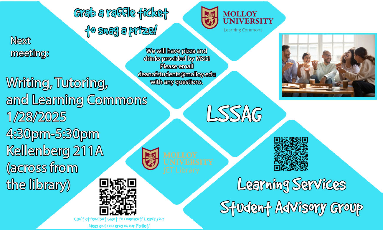 Grab a raffle ticket to snag a prize! Next meeting: Writing, Tutoring, and Learning Commons 1/28/2025 4:30pm-5:30pm Kellenberg 211A (across from the library) LSSAG Learning Services Student Advisory Group