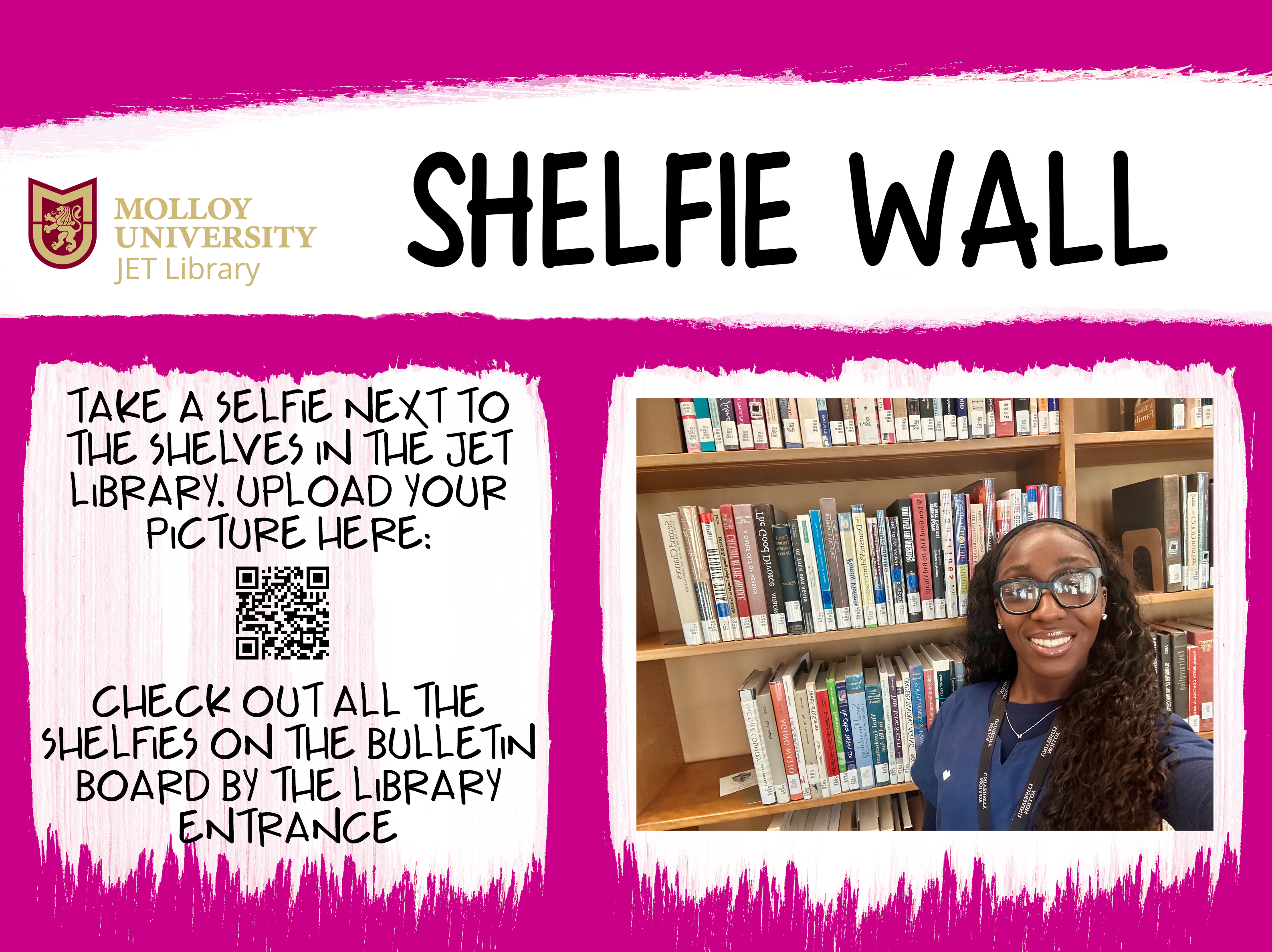 Shelfie wall. Take a selfie next to the shelves in JET Library